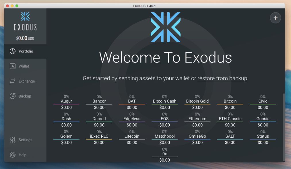 Mejor Monedero Ethereum: Vista previa de la aplicación Exodus.
