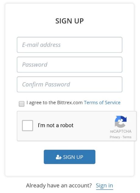 Bittrex отзывы: форма регистрации.