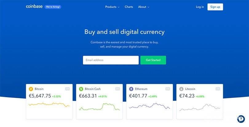 Cách mua tiền ảo: Trang nhất Coinbase.