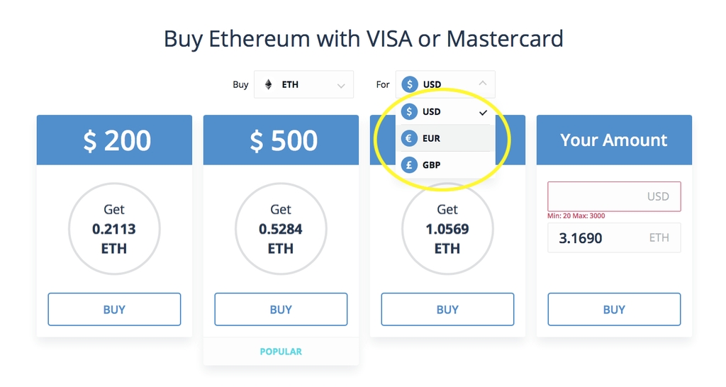 Membeli Ethereum dengan kartu kredit: Memilih mata uang.