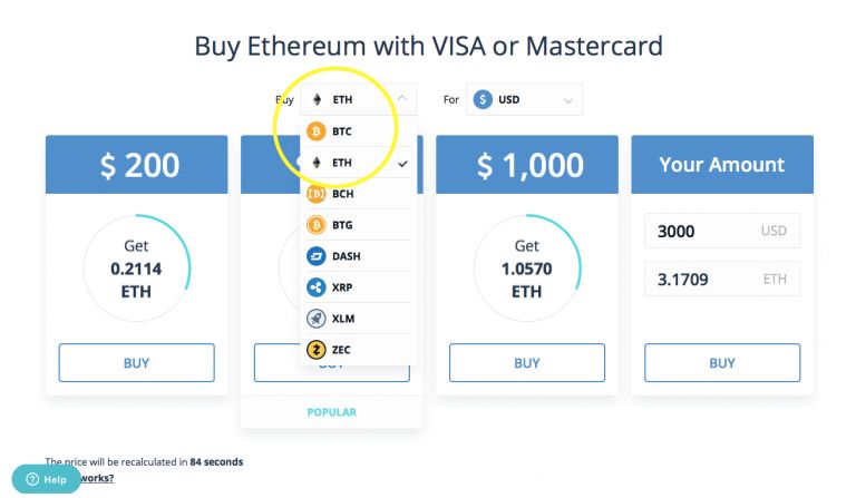 Membeli Ethereum dengan kartu kredit: Pilih ETH.
