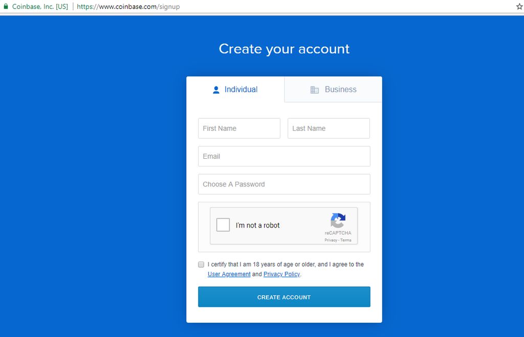 Create an account section on Coinbase