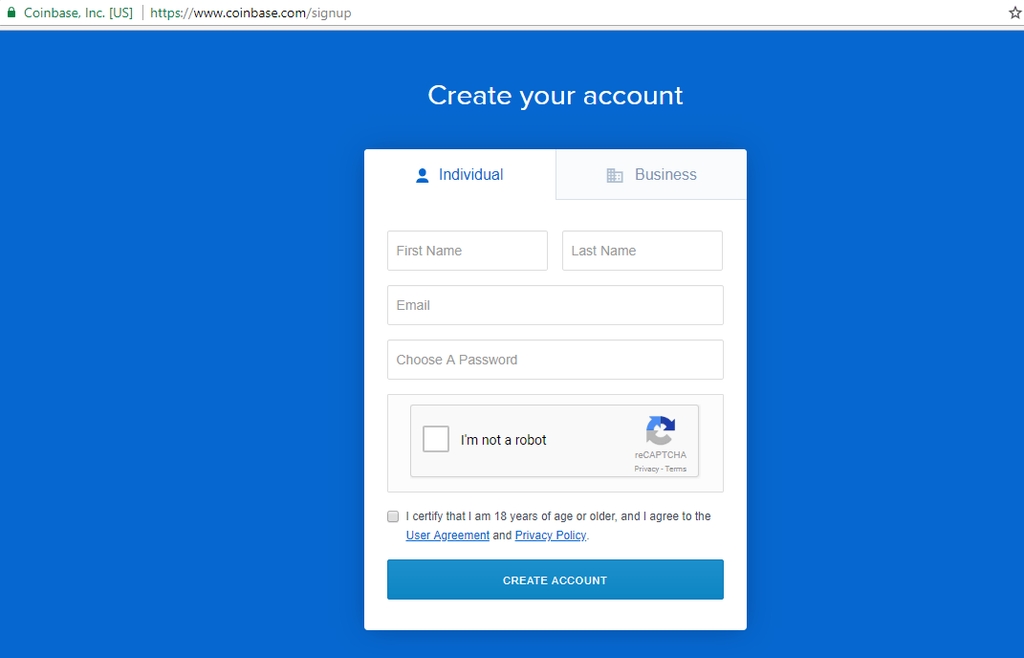 Create an account section on Coinbase