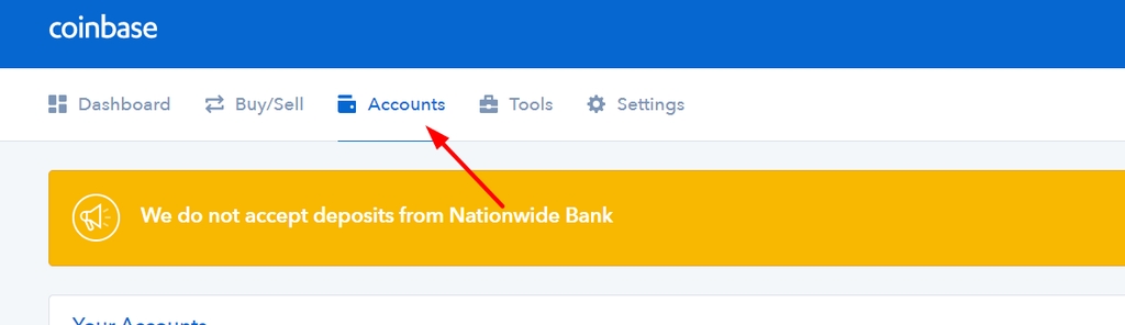 Accounts section on coinbase