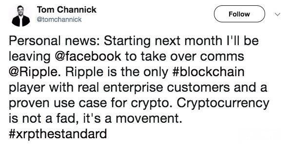 Tom Channick twitter post on Ripple