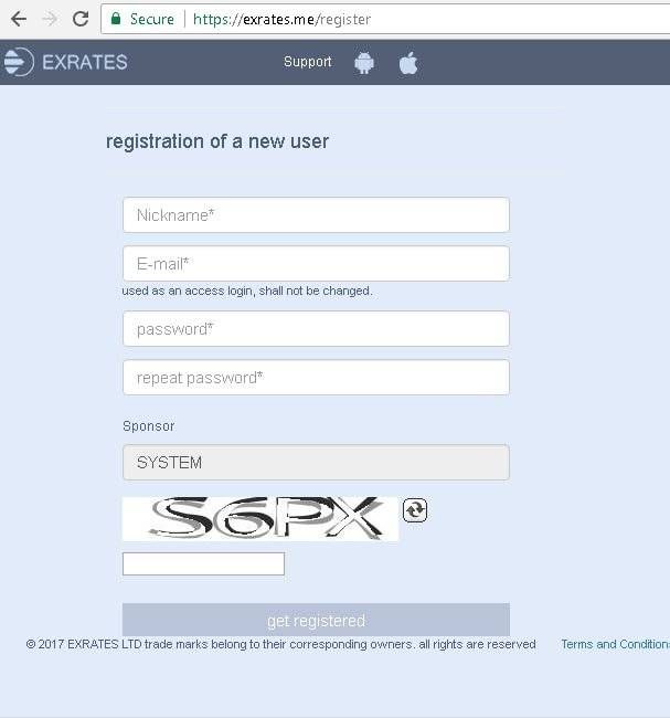 Exrates register form