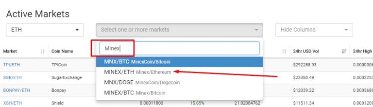 Ulasan CoinExchange: Memilih Pasangan MINEX/ETH.