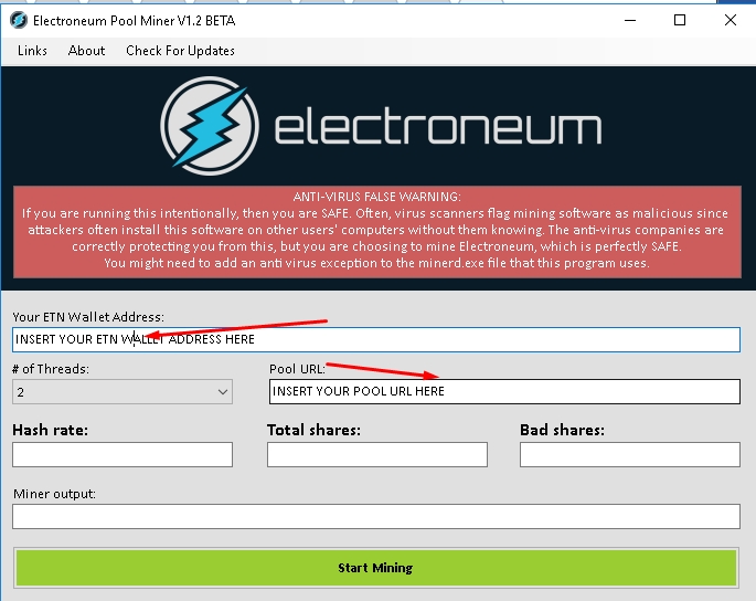 Minar Electroneum: Dirección de monedero.