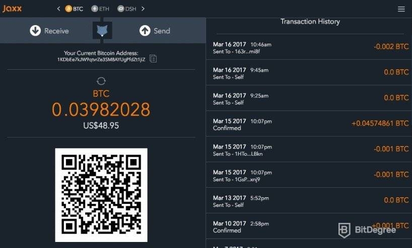 Jaxx wallet: Código QR.