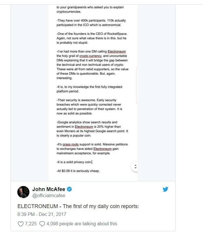 John McAfee twitter post about Electroneum