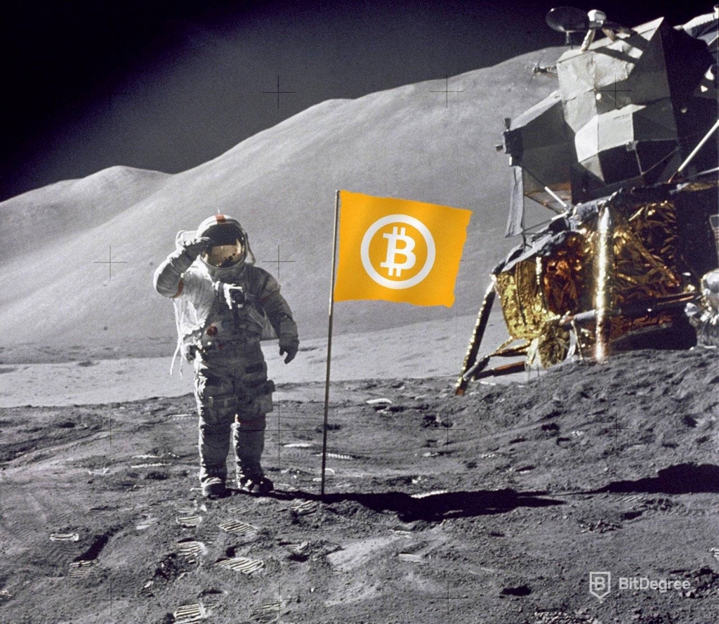 Predicción Bitcoin: Bandera de Bitcoin en la luna.