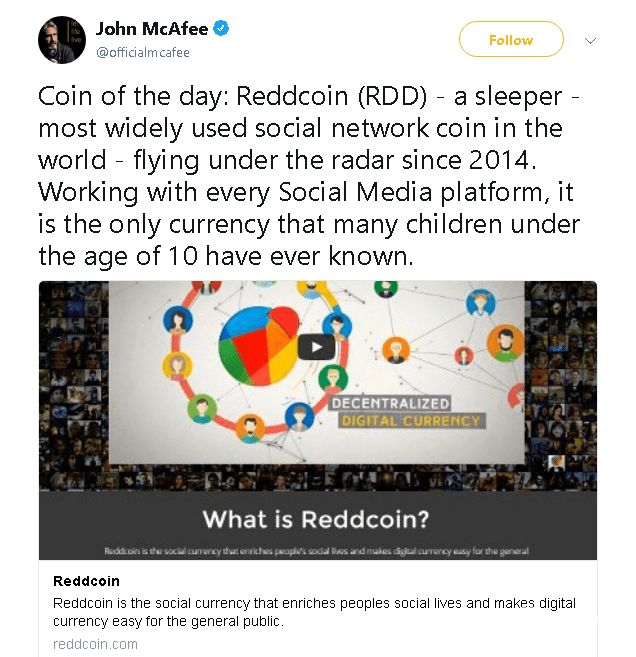 Jogn McAfee twitter Reddcoin Price Prediction