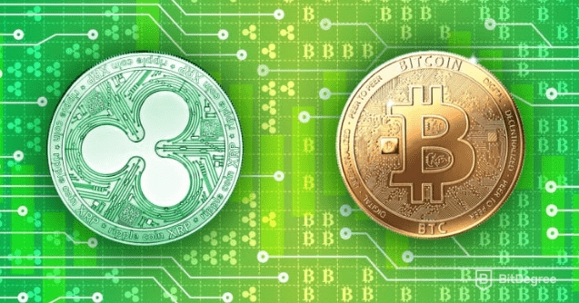 Ripple ou Bitcoin: Qual É a Melhor Alternativa?: Logotipos de Ripple e Bitcoin