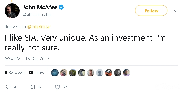 Predicción del Precio SiaCoin: Tweet de John McAfee.