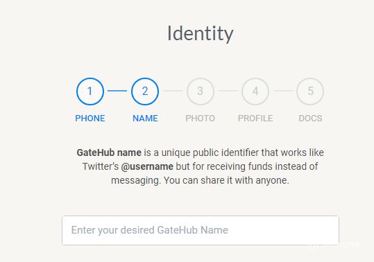 Análise da Gatehub: inserindo nome de usuário público.