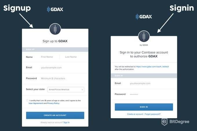 GDAX отзывы: формы регистрации и входа.