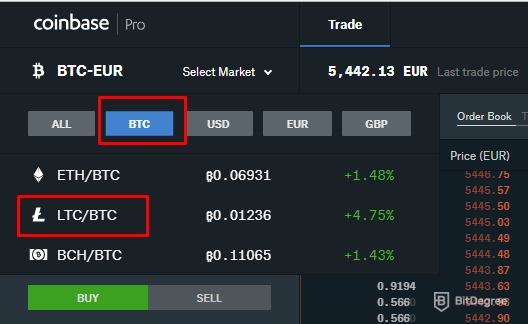 GDAX sang Binance: Cặp giao dịch LTC/BTC.