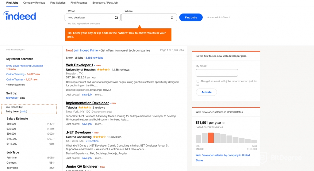 Junior web developer jobs: Indeed platform
