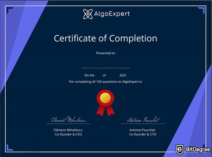 Análise do AlgoExpert: Exemplo de certificado.