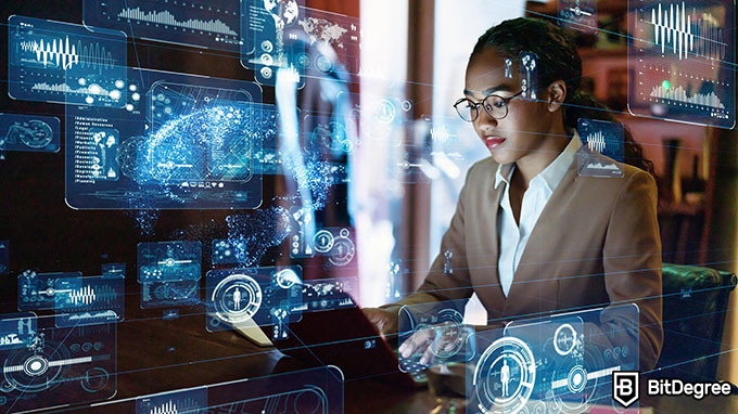 MIT data science certificate: woman behind a computer surrounded by digits.