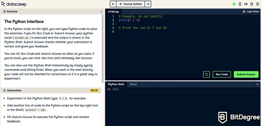 DataCamp Python: The DataCamp learning environment interface.