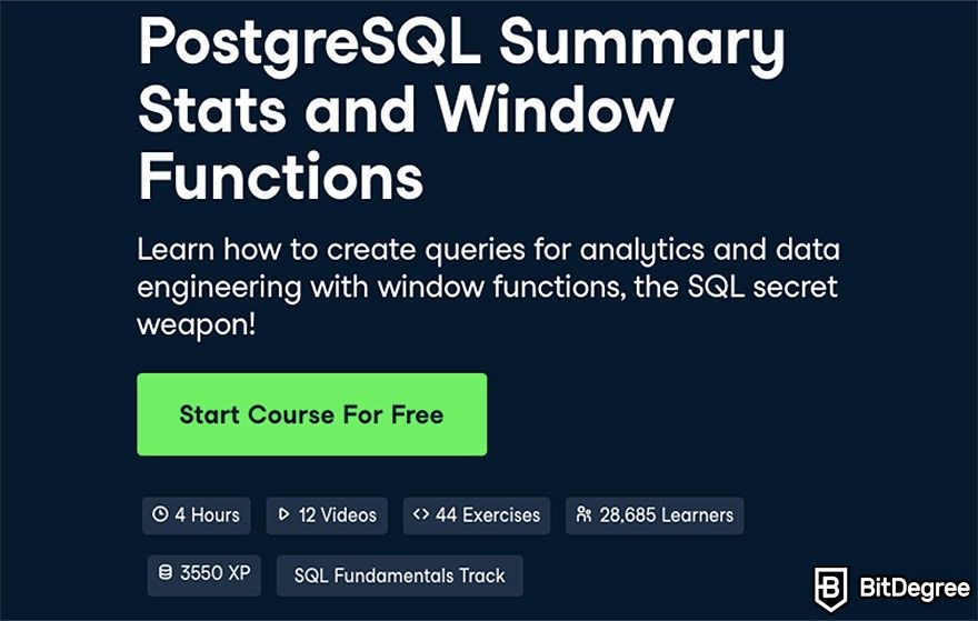 DataCamp SQL: PostgreSQL Summary Stats and Window Functions course.