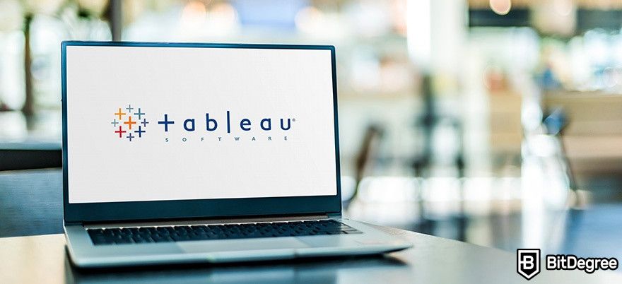 DataCamp Tableau: The Tableau logo on a laptop screen.