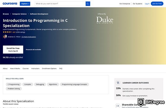 Duke university online courses: Introduction to Programming in C Specialization.