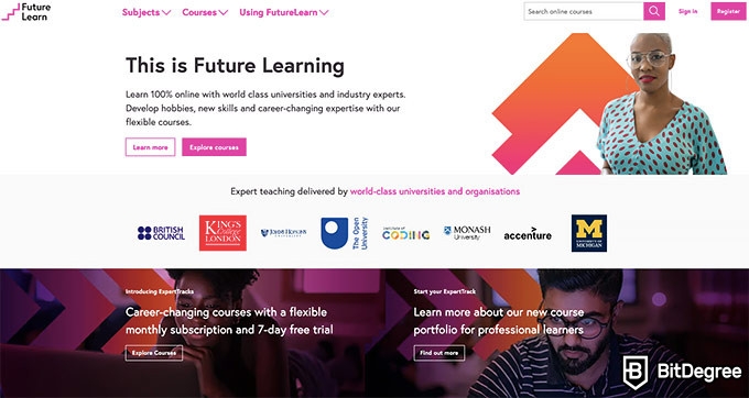 Análise do FutureLearn: primeira página.