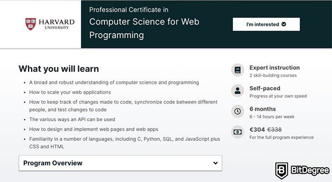 Harvard CS Course: professional certificate in computer science for web programming.