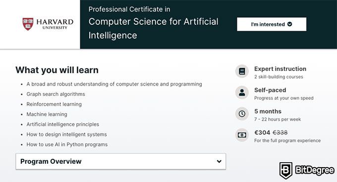 Harvard CS Course: professional certificate in computer science for artificial intelligence.