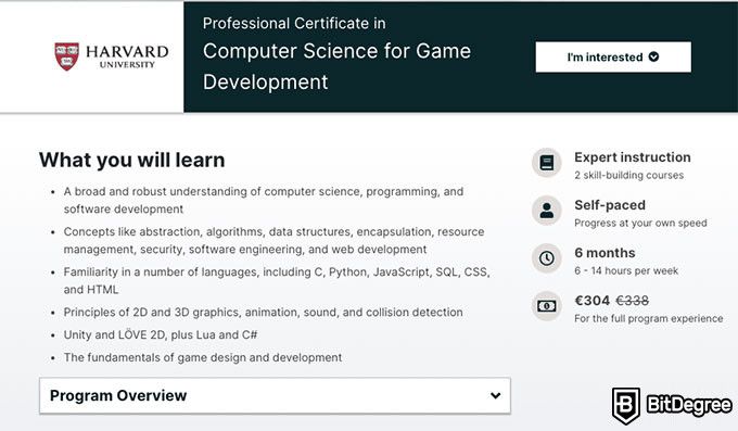 Harvard CS Course: professional certificate in computer science for game development.