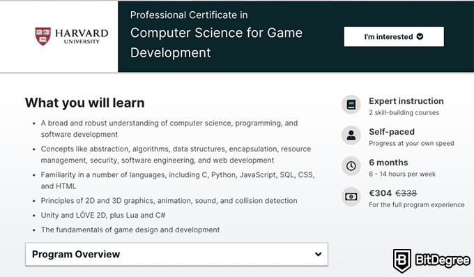 Harvard CS Course: professional certificate in computer science for game development.