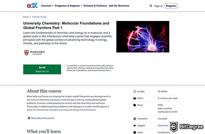 Harvard online courses: University Chemistry: Molecular Foundations and Global Frontiers Part 1.