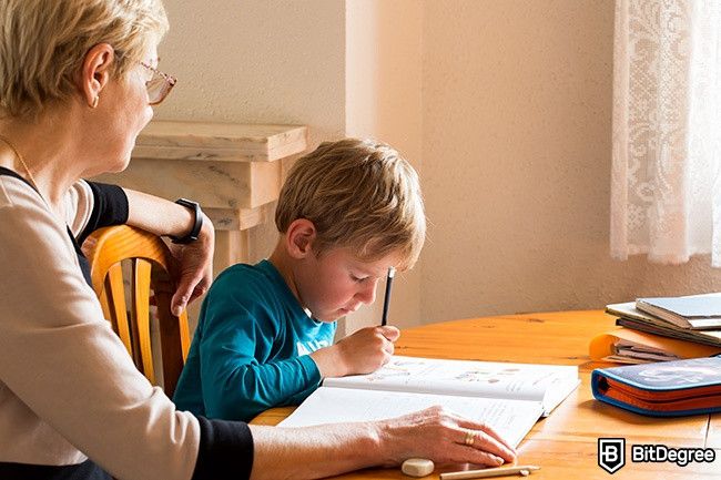 Cách học tại nhà: Một người phụ nữ đang dạy một đứa trẻ ở nhà.