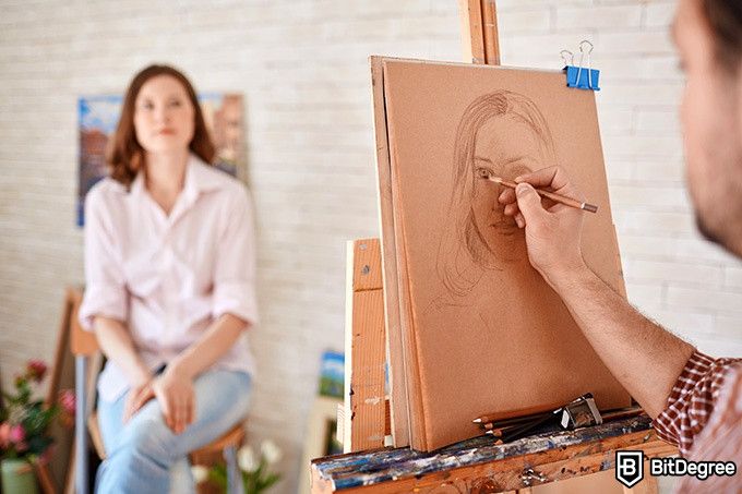 How to draw: a man is drawing the portrait of a woman sitting in front of him.