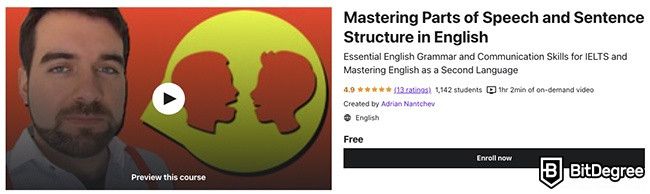 Cách học tiếng Anh: Nắm vững các phần của bài phát biểu và cấu trúc câu trong khóa học tiếng Anh trên Udemy.