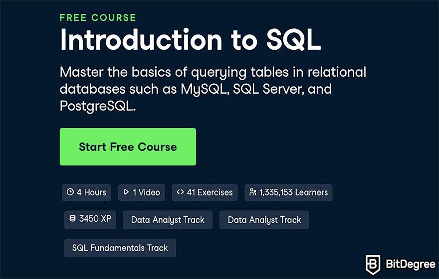Hybrid learning: Introduction to SQL course on DataCamp.