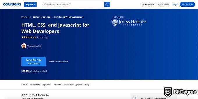 约翰霍普金斯大学在线课程：针对Web开发人员的HTML，CSS和Javascript。