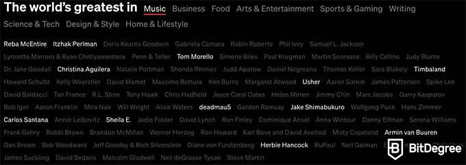 Đánh giá MasterClass: danh sách các diễn viên trong danh mục âm nhạc.