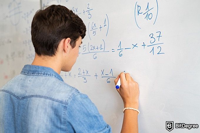 Online Algebra Course: a student solving algebra problems at a whiteboard.