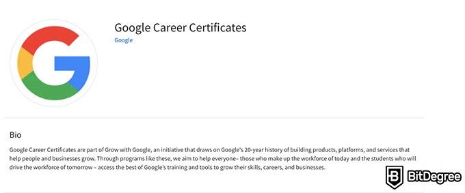 Online information technology degree: Google Career Certificates instructor page on Coursera.
