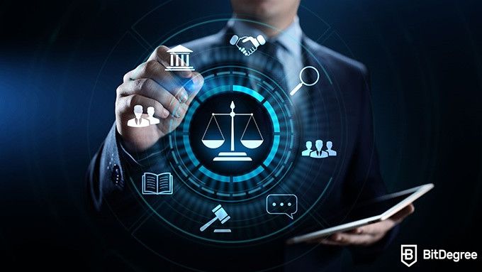 Online Law Courses: lawyer with a projection of icons.