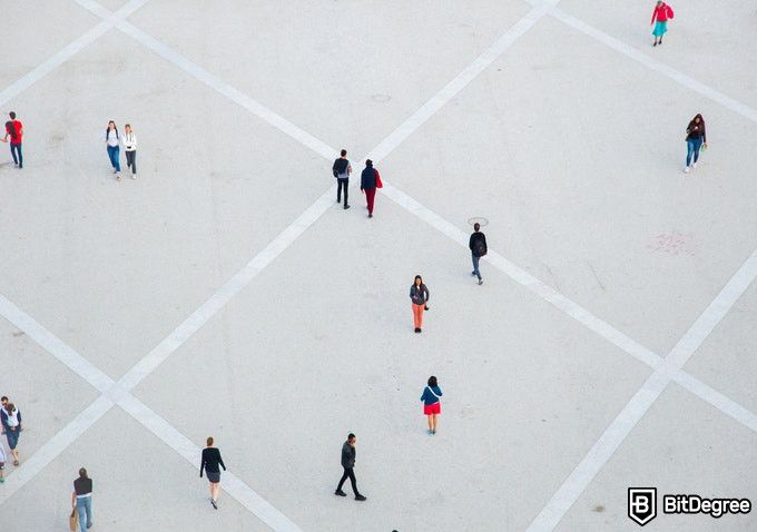 Online Sociology Degree: people walking on a squared space.