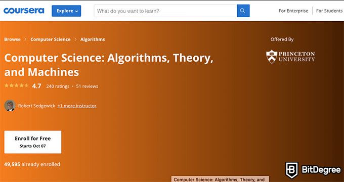 Kursus online Universitas Princeton: kursus Ilmu Komputer: Algoritma, Teori, dan Mesin. 