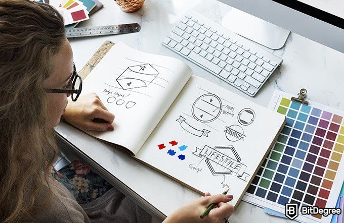 Online Graphic Design Courses: a woman working on a brand design