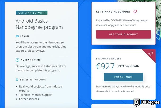 Udacity Android: the pricing options of the course.