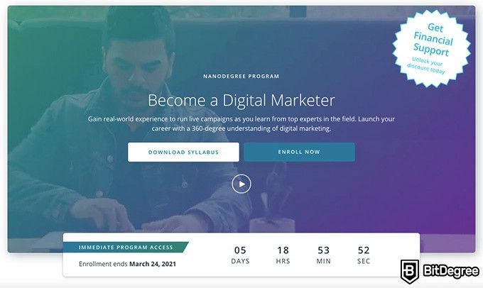 Udacity Digital Marketing: course front page.
