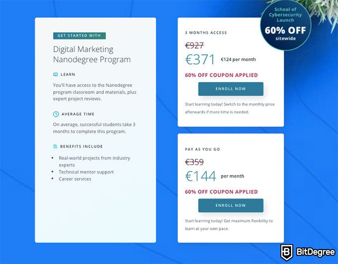 Digital Marketing Courses: Udacity nanodegree pricing.