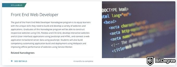 Udacity Front-End Nanodegree: what you will study in the course.
